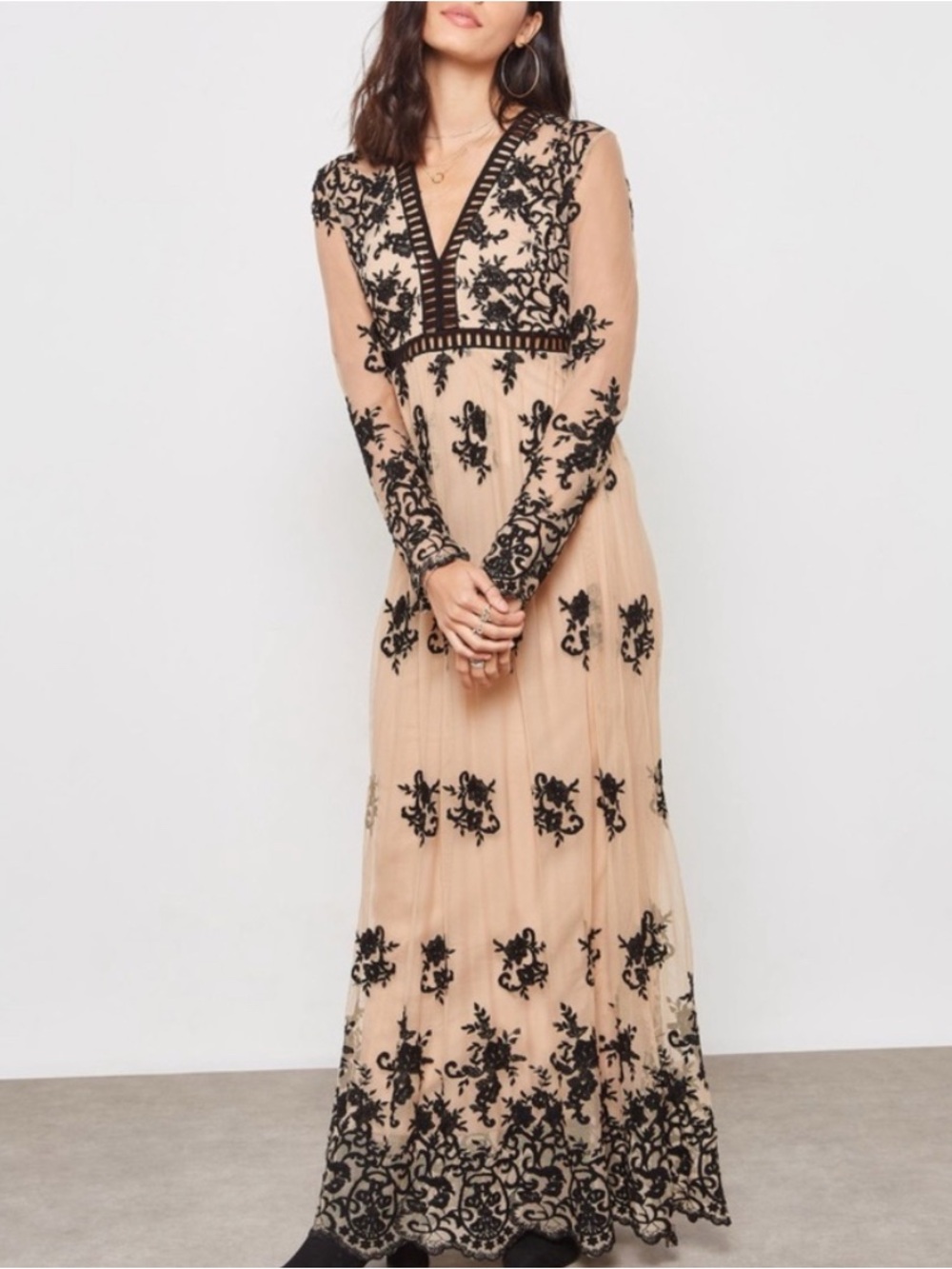 Forever 21 Beige & Black Sheer Embroidered Western Whimsigoth Boho Maxi Dress-S - Picture 2 of 7